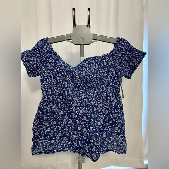 Smocked Floral Off Shoulder Top Blue and White Floral - Picture 4 of 4